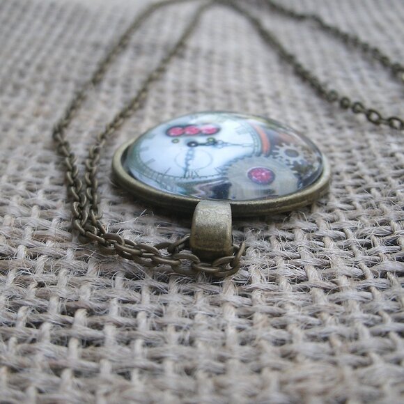 Steampunk Clock & Gears Glass Cabochon Pendant Necklace - Picture 8 of 12